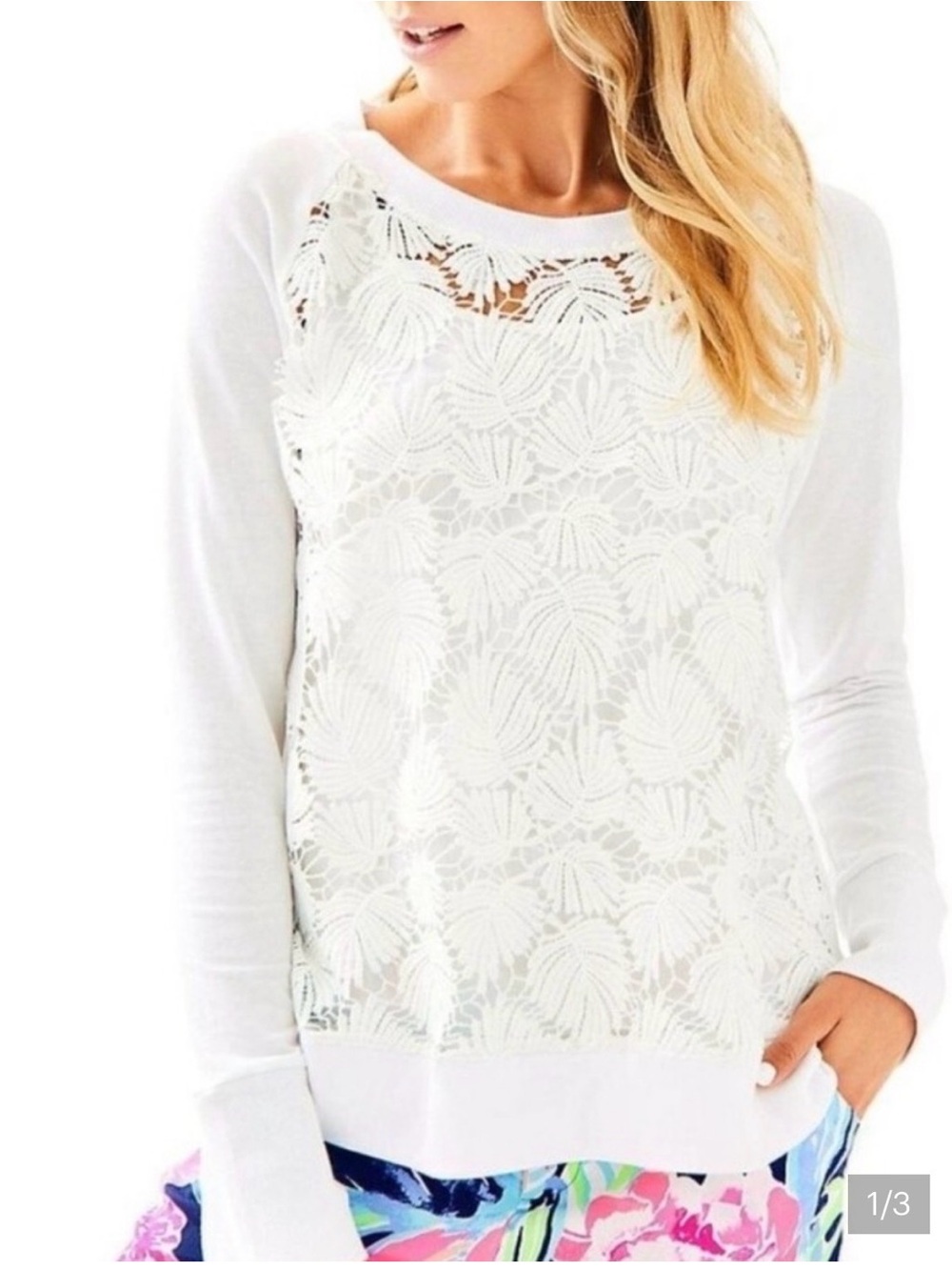 Lilly Pulitzer White Lace-Front Crewneck Sweater